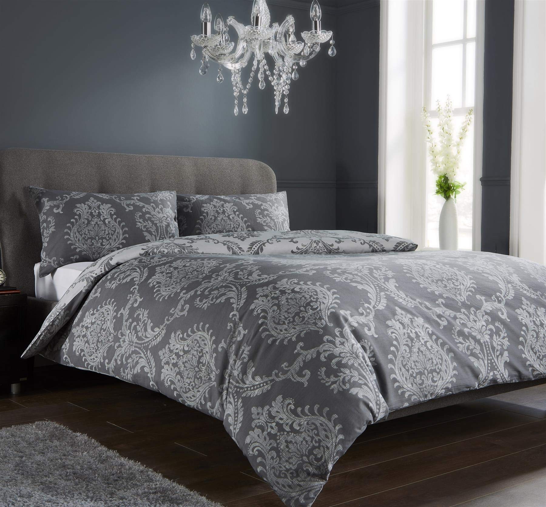 Olivia Rocco Royal Damask Duvet Cover Set Easy Care Quilt Covers With Pillowcases Cotton Rich Reversible Bedding Bed Linen Sets (Single, Grey)