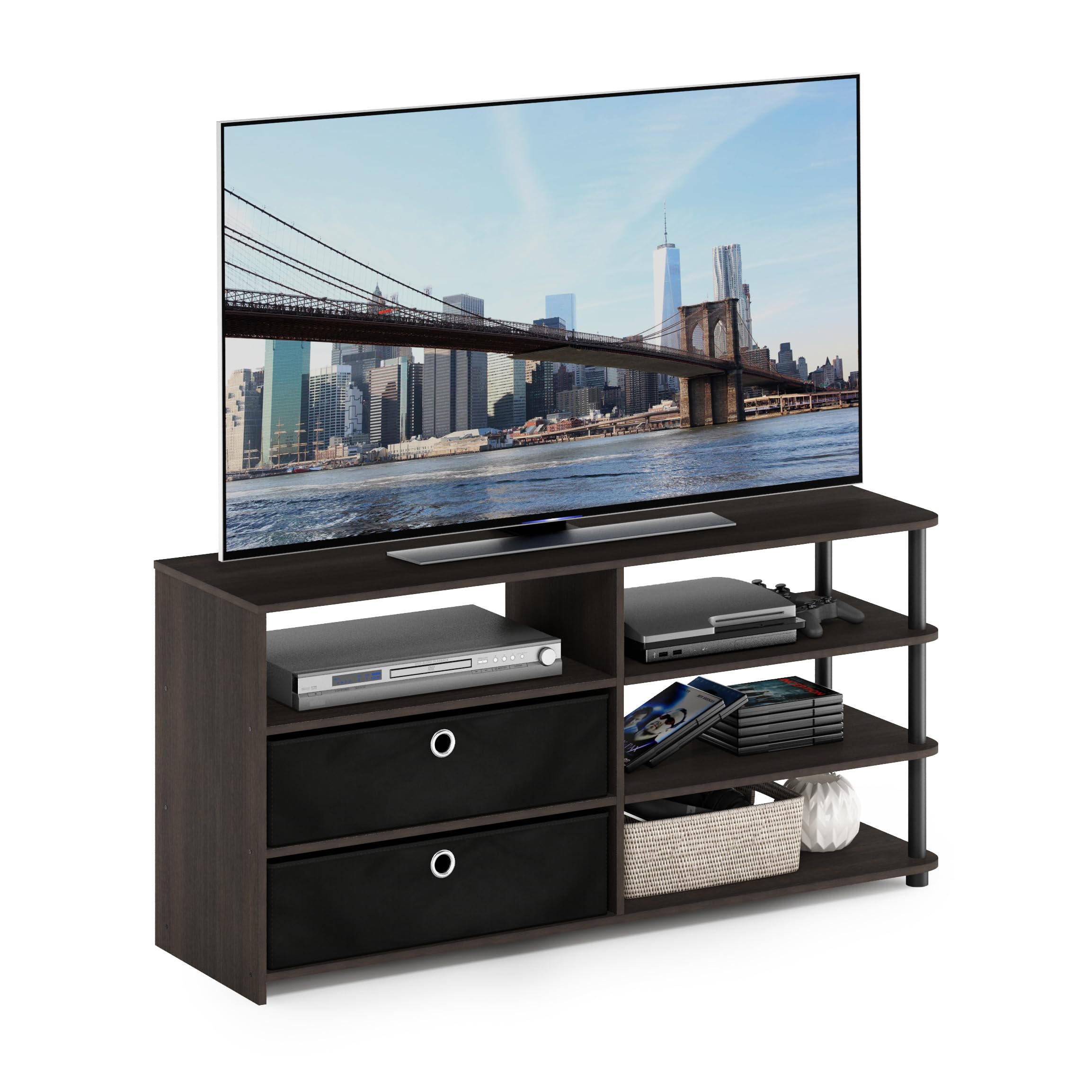 Furinno JAYA TV Stand, Simple Design Entertainment Center, TV Console for TV up to 55-Inch with Bins, for Living Room, Bedroom, Walnut
