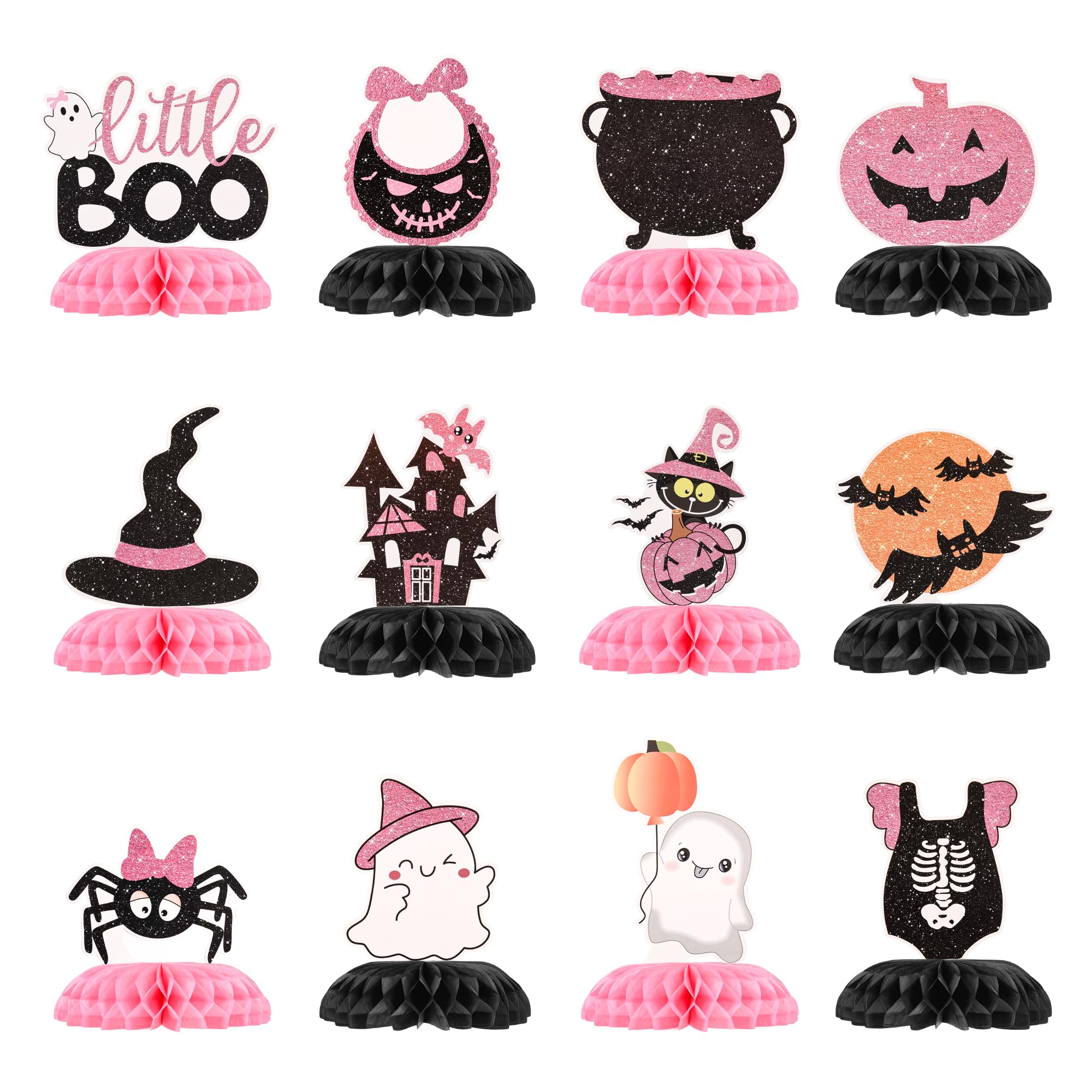 Photo 1 of 12 Pcs Pink Black Halloween Baby Shower Decorations Little Boo Halloween Honeycomb Centerpiece Table Decor 3D Double Sided Table Topper for Baby Shower Gender Reveal Birthday Party Supplies