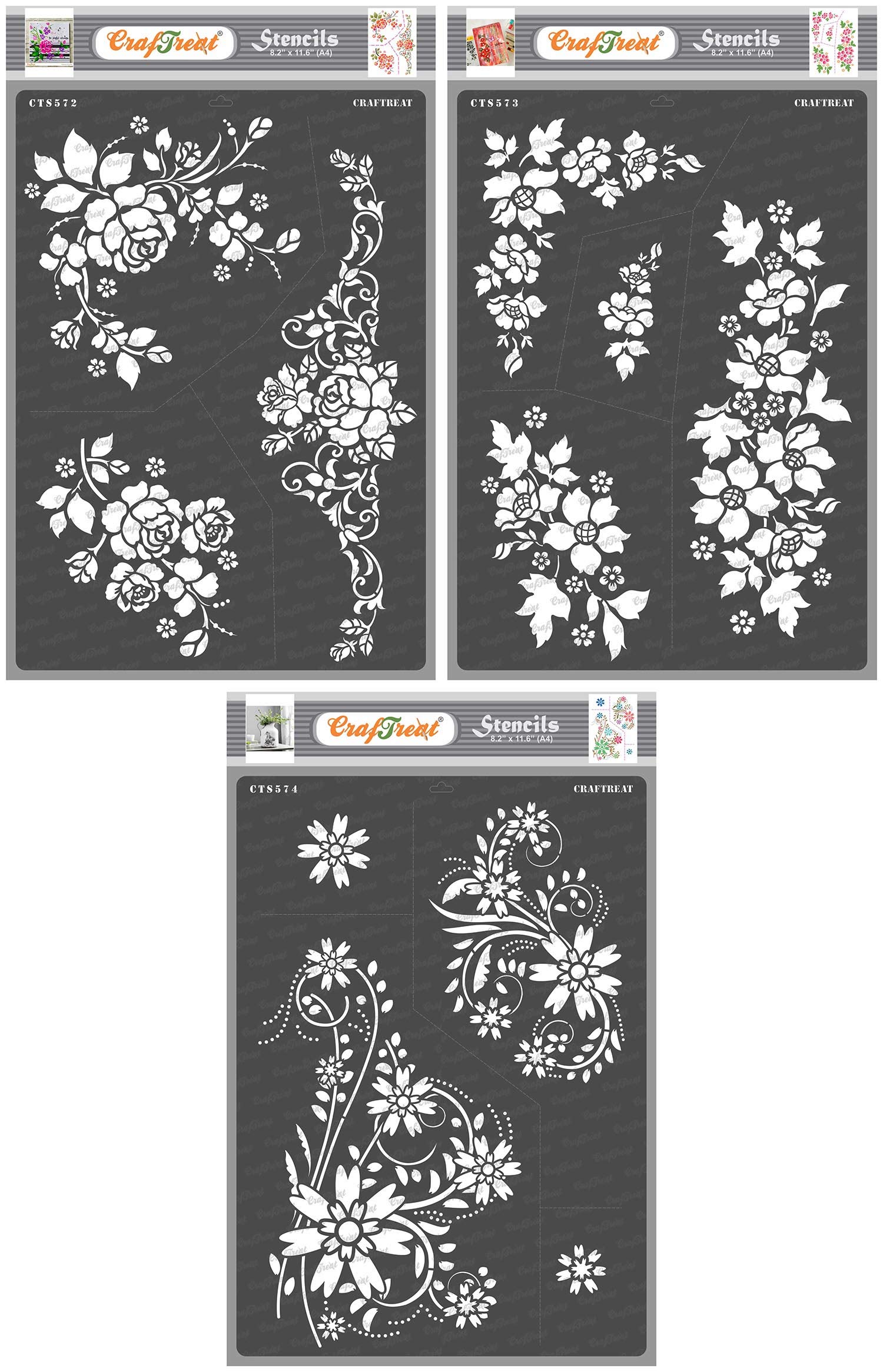 CrafTreat Reusable Flower Stencils for Painting on Wood - A Bouquet of Roses, A Bunch of Blooms and Floral Flourish (3 Pcs) -A4 (8.3 x 11.7 Inch) Each - Rose Stencils for Card Making - Floral Stencil
