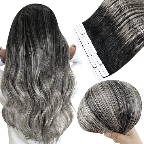 Hair Extensions 12 Inch Full Shine Tape In Hair Extensions Human Hair Black Shadow Roots Color 1B Silver 1B Black Hair Extensions Remy Hair 20Pcs 50 Grams