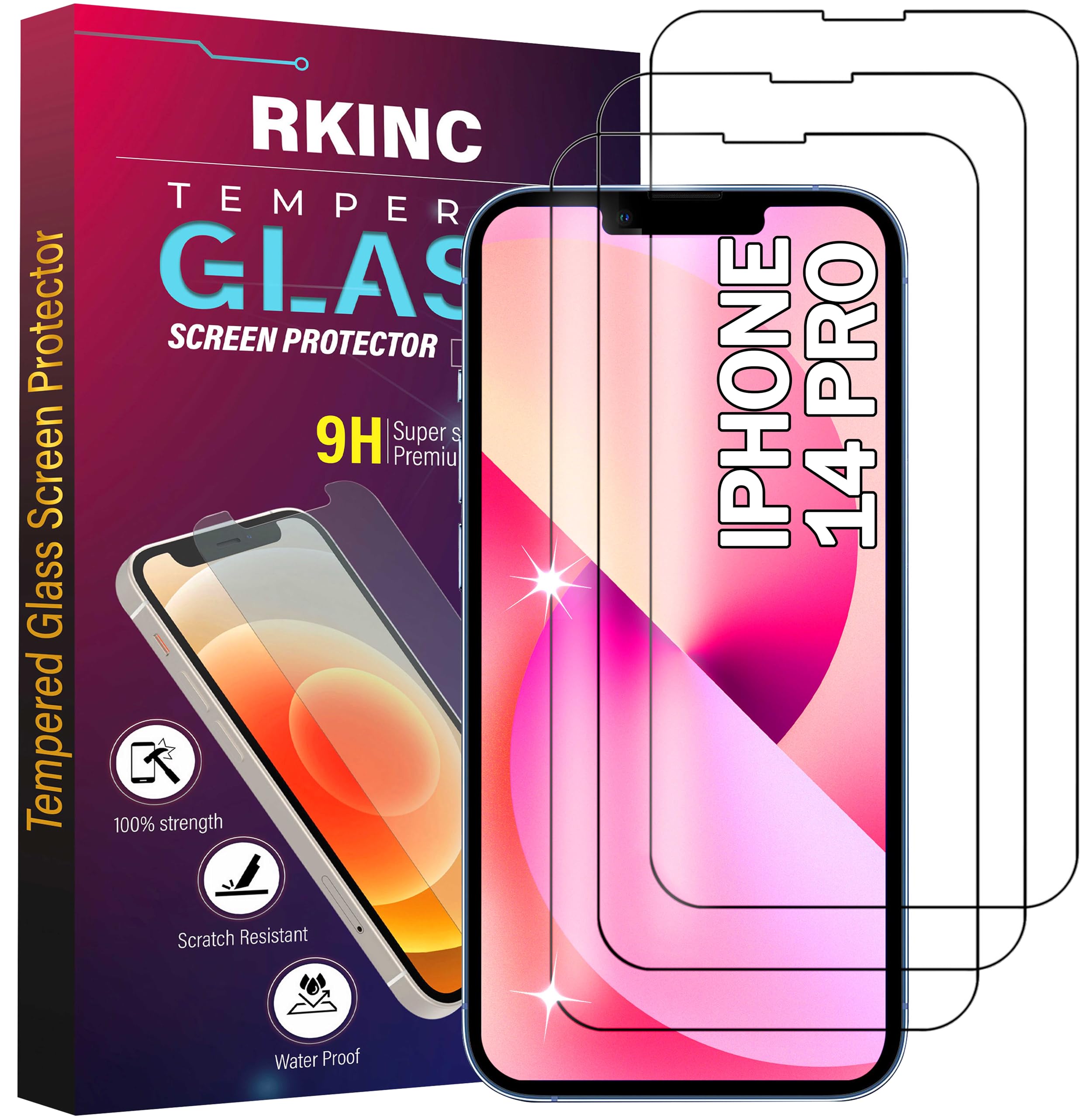 RKINC Screen Protector [3-Pack] for iPhone 14 Pro 6.1-Inch, Tempered Glass Film Screen Protector, 0.33mm [Anti-Scratch][Anti-Shatter][Bubble-Free]