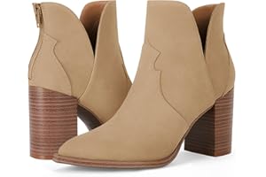 Coutgo Womens Cutout Ankle Boots Pointed Toe Chunky Heel Booties Back Zipper Slip on Western Boot Shoes