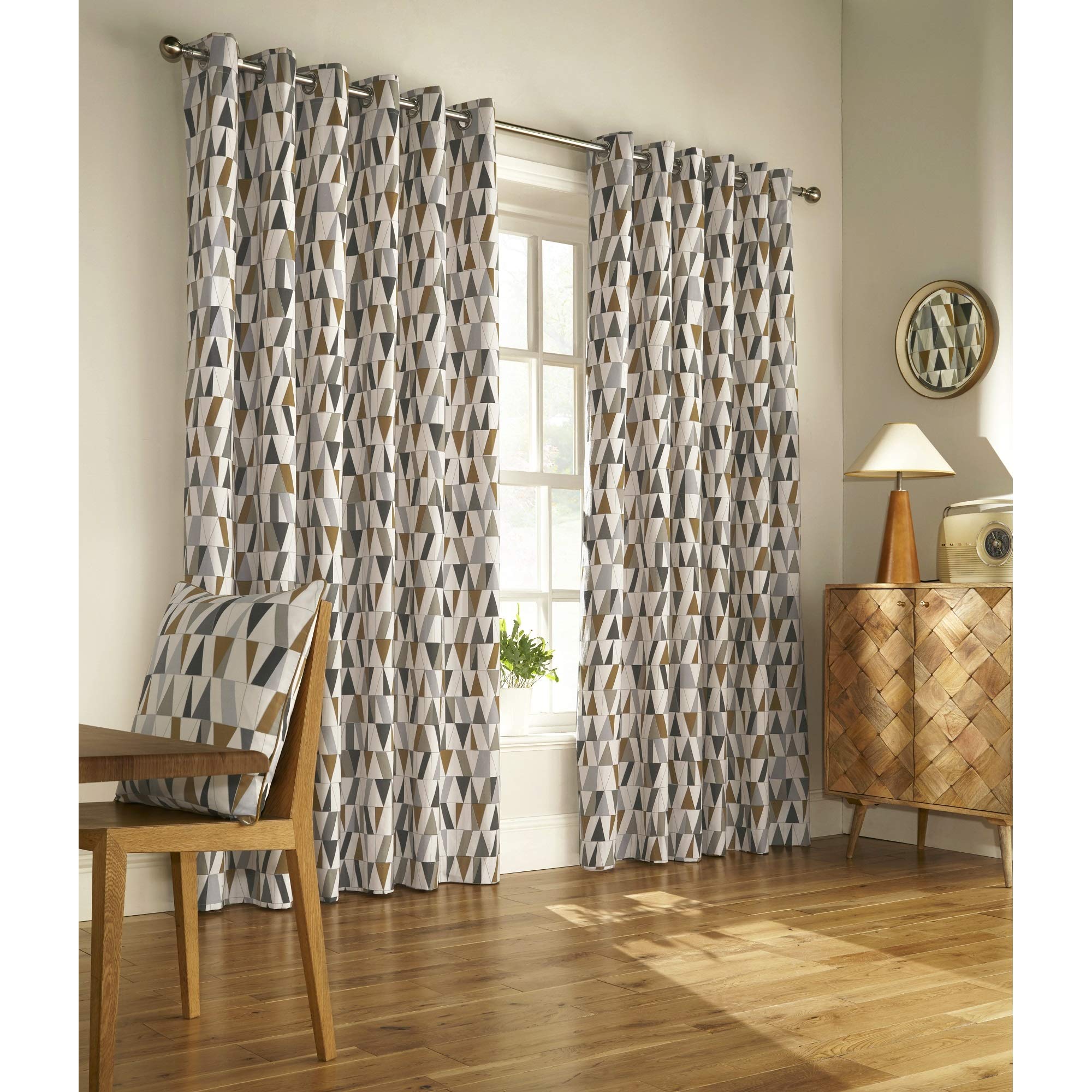 Furn Reno Ringtop Eyelet Curtains (Pair) -Ready Made-Polycotton-Charcoal/Gold-168cm x 137cm, Cotton, Charcoal/Gold, 168 x 137cm (66" x 54" inches)
