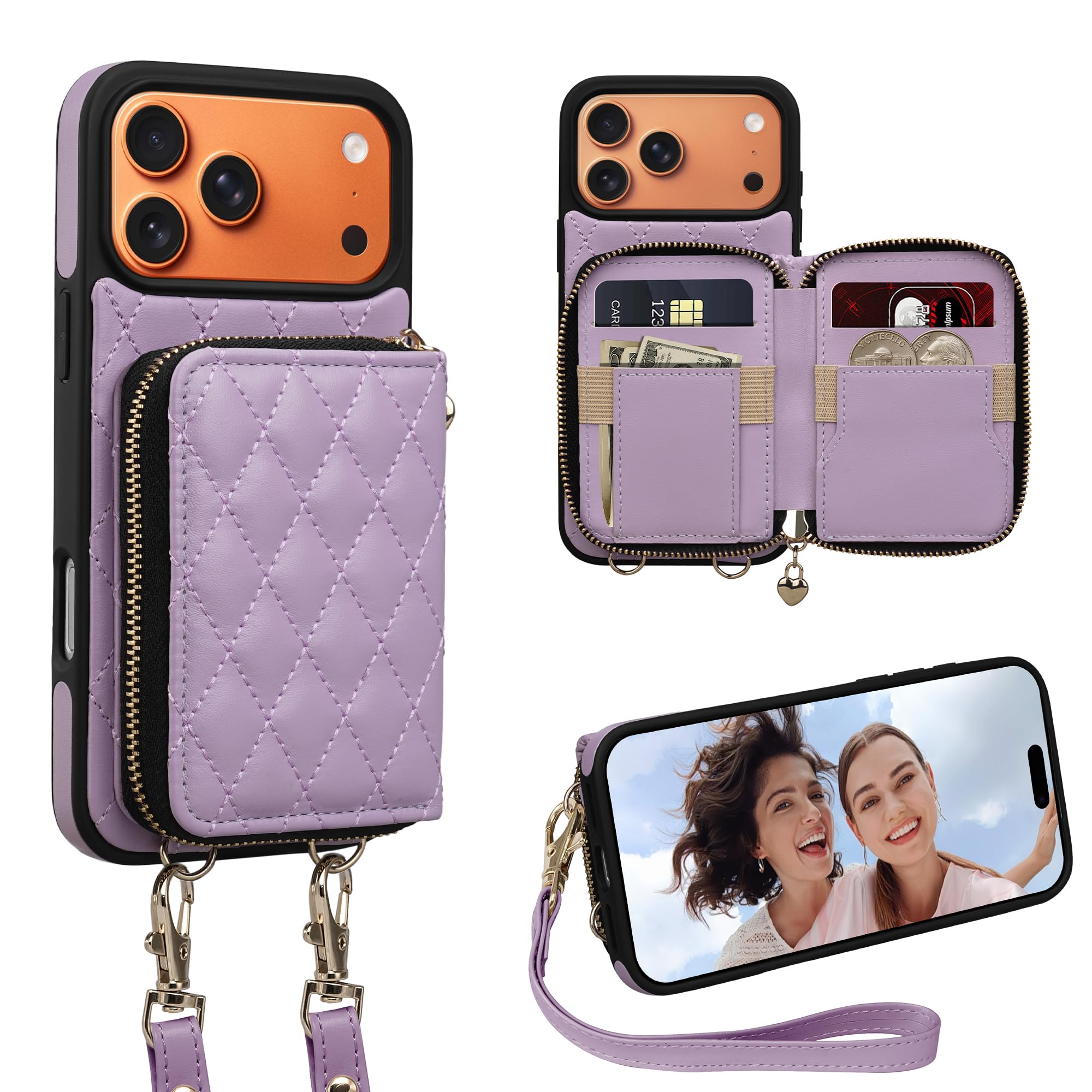 Keallce Case for iPhone 17 Pro Max 6.9'' Wallet Case, Crossbody Zipper Purse with Wrist Strap Lanyard Handbag, RFID Blocking Card Holders, Kickstand Flip Leather Cover for iPhone 17 Pro Max, Purple Image