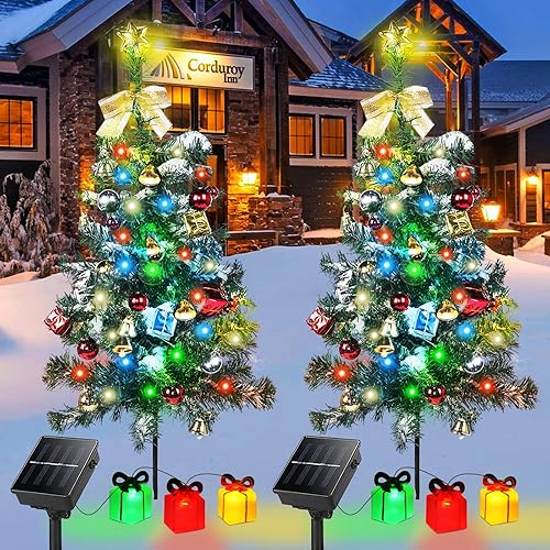 Kordain Solar Mini Christmas Tree Light Outdoor Decoration, 30 Inch Solar Tree Lights with 30 LED 8 Flashing Modes Decorated Prelit Gift Boxes & Ornaments for Pathway Patio Yard Garden Cemetery, 2PCS