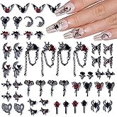 Kikonoke 52 Pieces Halloween Nail Charms 3D Spider Moon Heart Butterfly Chain Nail Gems Dark Nail Accessories with Red Glass Nail Rhinestones for Women DIY Nail Design Craft Jewelry Making