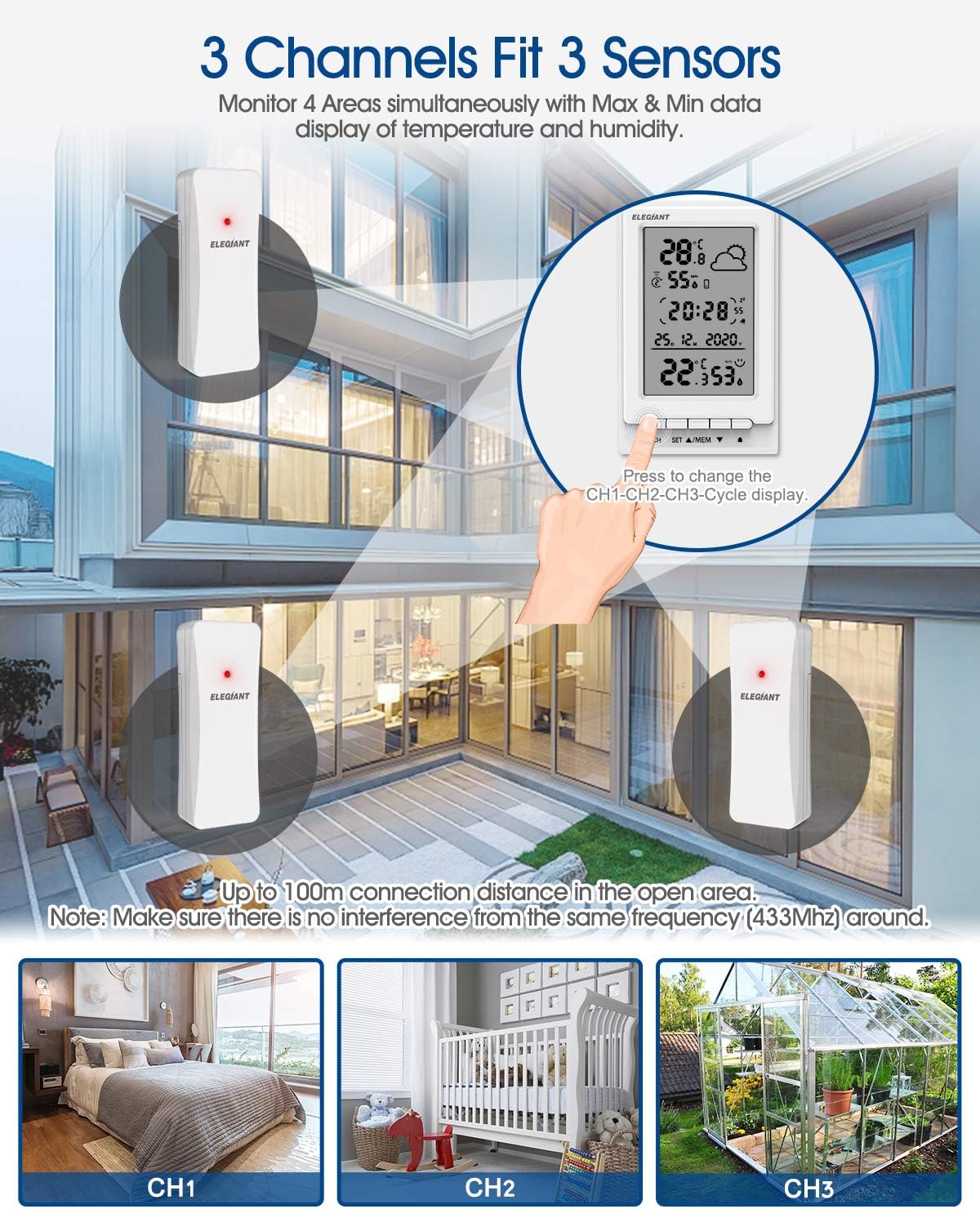 ELEGIANT Wireless Weather Station, Indoor Outdoor Thermometer Hygrometer with Sensor, Digital