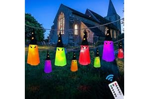 MAOYUE Halloween Decorations Outdoor 8Pcs Hanging Lighted Glowing Ghost Hat Decorations 36ft Halloween Lights String Battery Operated Halloween Decor with 8 Lighting Modes for Outdoor, Yard, Tree