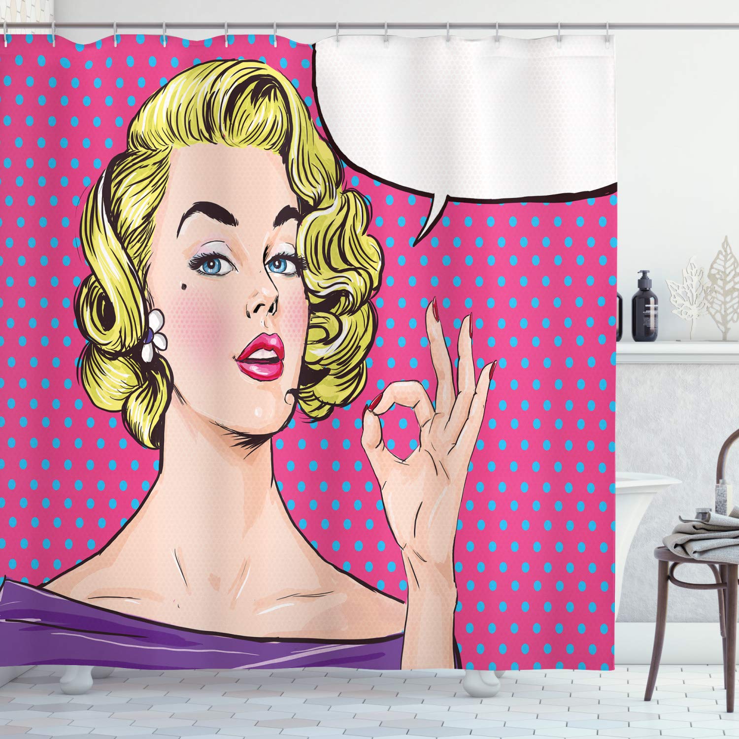 ABAKUHAUS Vintage Shower Curtain, Pop Art Blonde Woman Making OK Sign on Dotted Background Retro Comic Book Design, Cloth Fabric Bathroom Decor Set with Hooks, 175 x 240 cm, Pink Yellow Purple