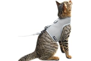 YIZHI MIAOW Cat Harness and Leash for Walking Escape Proof Breathable Mesh Fabric, Solid Grey, Medium, Adjustable Cat Walking Jackets, Padded Stylish Cat Vest