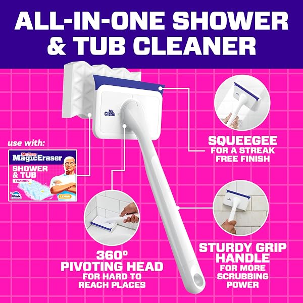 MR. CLEAN MAGIC ERASER SHOWER & TUB SCRUBBER, BATHROOM CLEANER, ALL IN ONE BATHROOM CLEANER, LEMON STARTER KIT, 1 SCRUBBER & 2 FOAMING MAGIC ERASERS