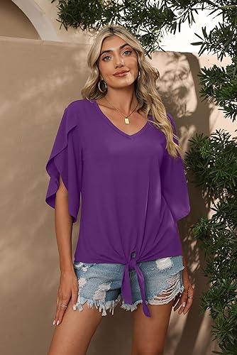 SUEANI Women Short Sleeve Twist Knot Casual Shirt Split Sleeve Dressy  Tops(Medium, VG Dark purple)