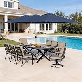 10 Piece Outdoor Dining Table and Chairs for 8, Rectangular Patio Dining Table with 14 Ft Patio Umbrella with 2 Swivel Rocking Dining Chairs with Cushions, Lawn Garden Outdoor Table and Chairs-Sand