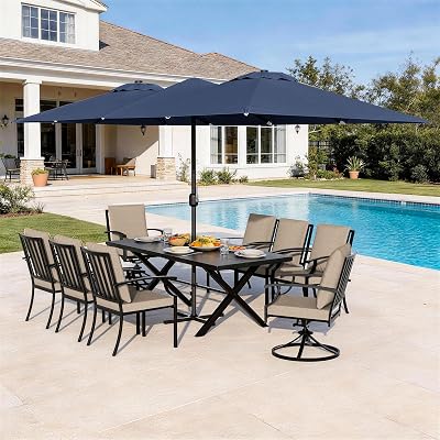 10 Piece Outdoor Dining Table and Chairs for 8, Rectangular Patio Dining Table with 14 Ft Patio Umbrella with 2 Swivel Rocking Dining Chairs with Cushions, Lawn Garden Outdoor Table and Chairs-Sand