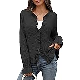 AMZANGEL Women's Ruffle Cardigan Sweaters Knit Texture Crew Neck Cropped Long Sleeve Button Down Tops