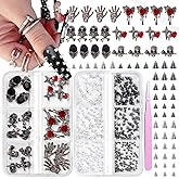 2 Boxes Halloween Skull Spike Nail Gems Charms, 3D Punk Cone Black Silver Goth Spike Nail Art Studs, Mixed Halloween Gothic Star Ghost Skull Hand Nail Art Charms for Nails Art Women DIY Accessories