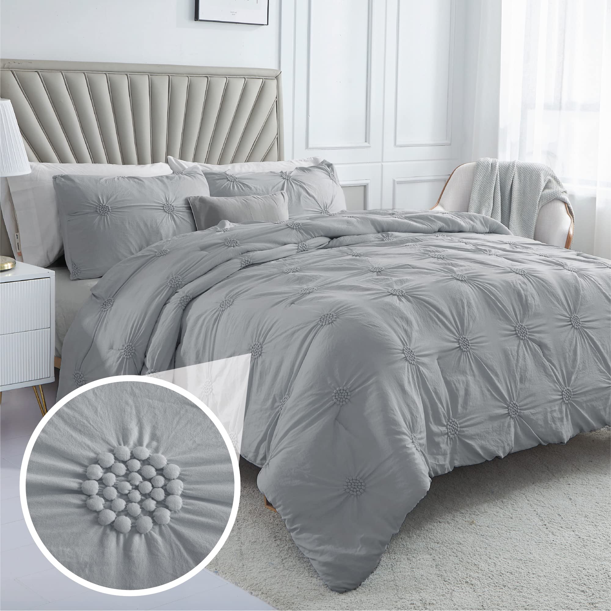 Swift Home Full/Queen Gray Comforter Set - Ruched 3D Floral Pintuck Bedding Set - 3 Pieces Bed Linen, 1 Comforter and 2 Pillow Shams Image