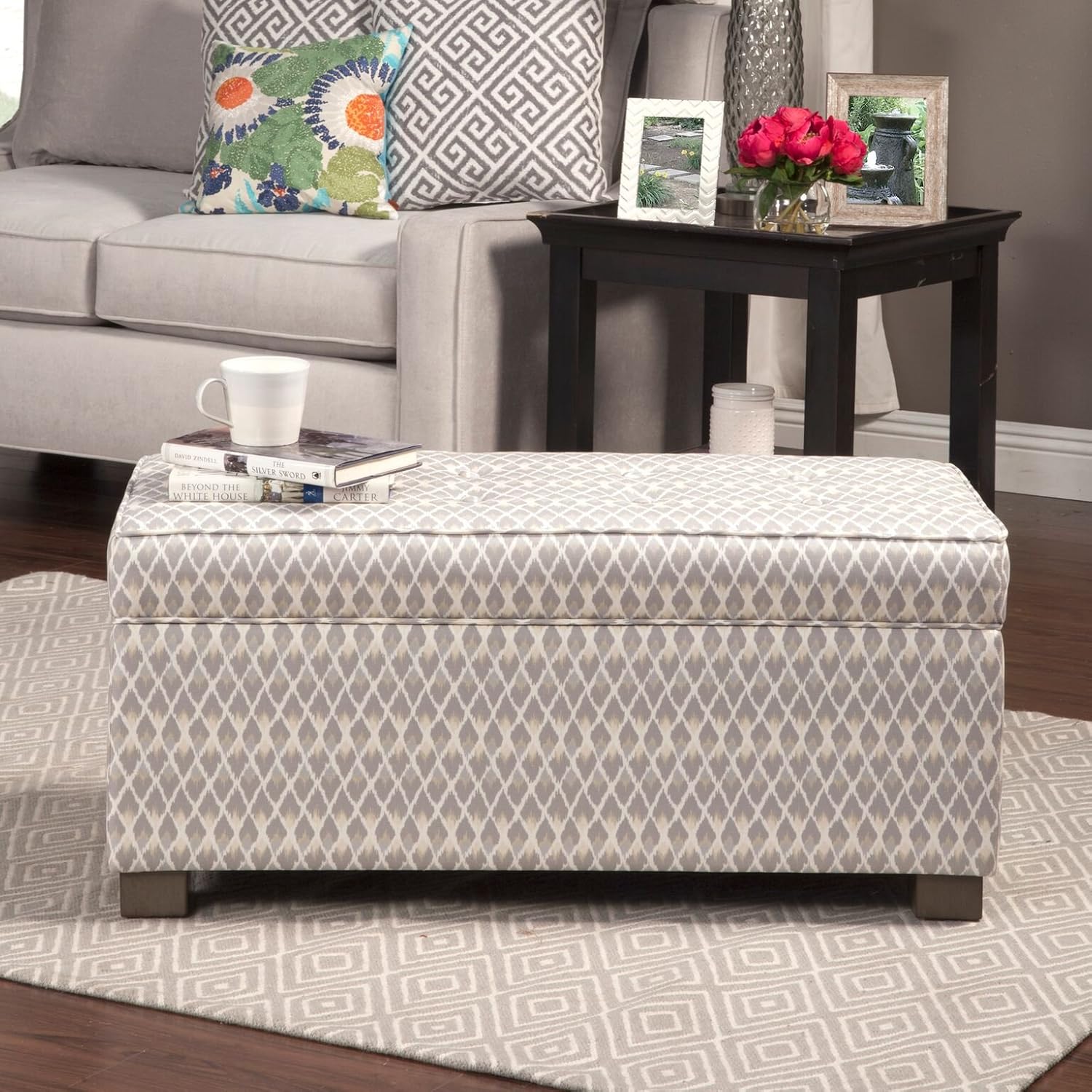 HomePop Upholstered Large Rectangle Storage Bench, Gray Diamond: Kitchen & Dining