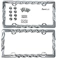 3D Curly Wave Pattern License Plate Frame Chrome Twist with Screws Caps, Set of 2