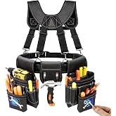 Professional Tool Belt for Men, Magnetic Tool Pouch with Suspenders | Heavy Duty Detachable Adjustable Utility Belt Work Bags for Electricians &amp; Carpenters, Fits 32"-66" Waist, Black