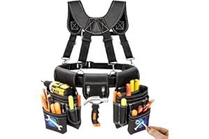 TEKCHIC Tool Belt, Professional Tool Belts for Men, Magnetic Tool Pouch With Suspenders, Heavy Duty Detachable Adjustable Utility Belt Work Bags for Electrician, Carpenter (Black, 32''-66'')