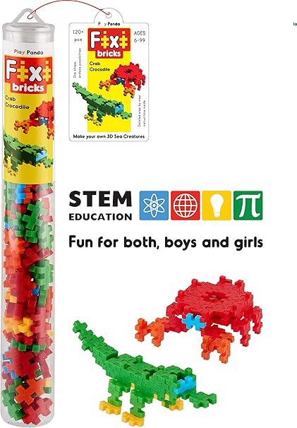 Play Panda Fixi Bricks Aqua Tube 3 - Crocodile and Crab - with 120 pcs, Detailed Assembly Instructions and Storage Tube - Small Parts (Age 6-99 yrs)