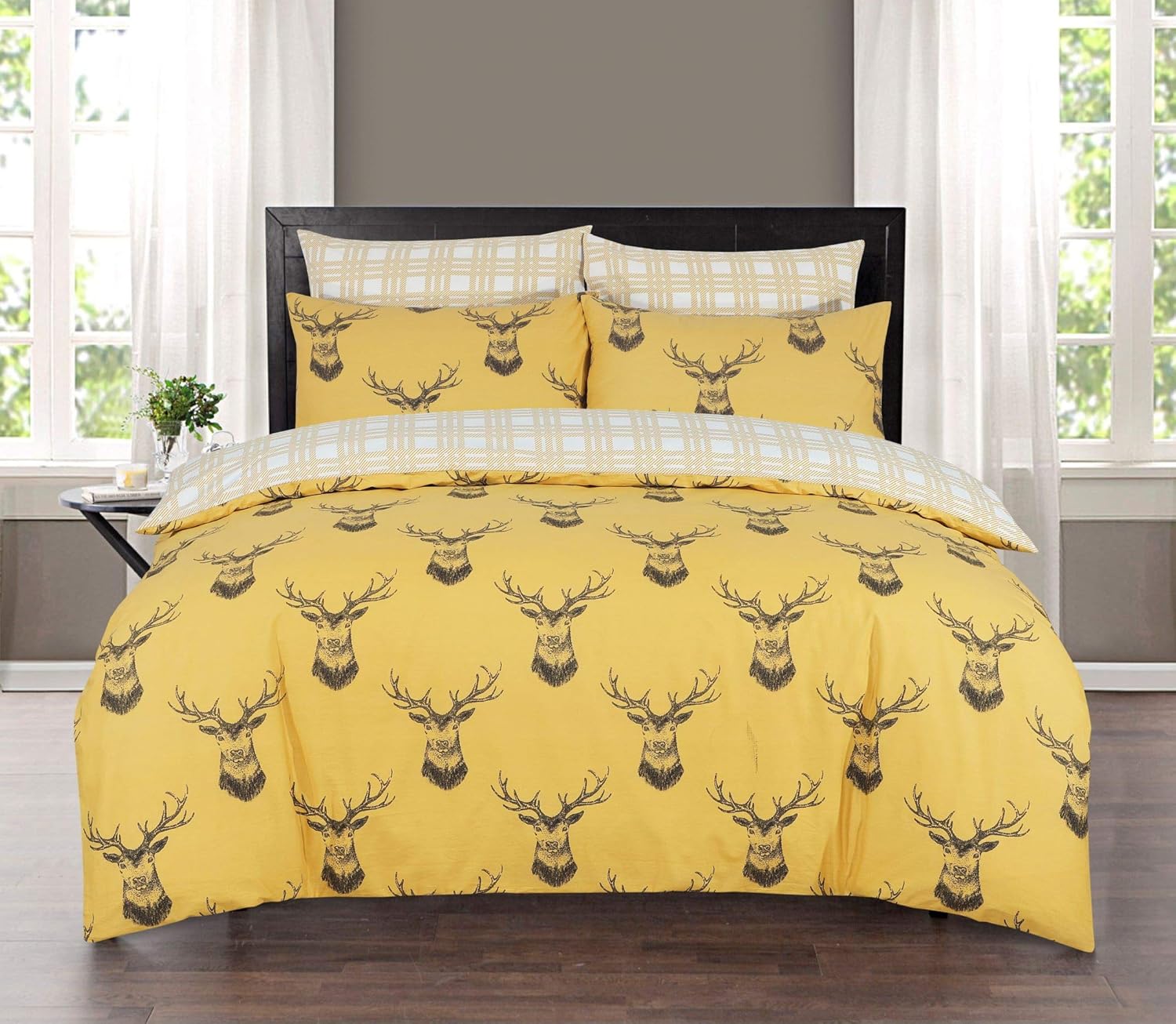 100 Pure Cotton Reversible Patterned Duvet Cover Sets, Stag Mustard