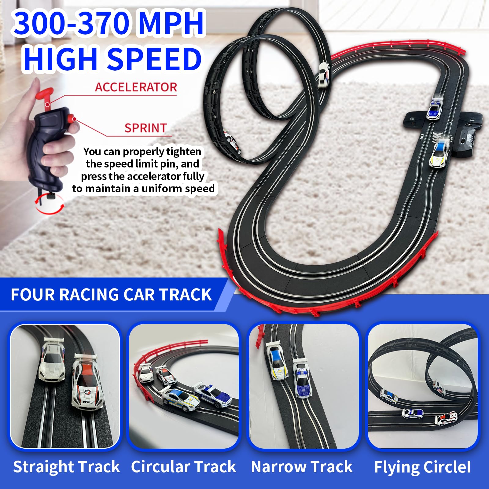 AGM MASETCH Slot Car Racing Track Set with 4 Unique Slot Cars, Battery Powered or Electric Car Track, Gift Toys for Boys Girls 4-12 Years Old
