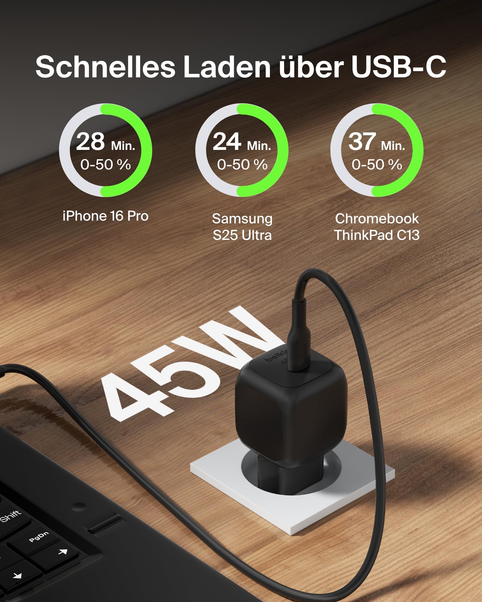 Belkin kompaktes USB-C Ladegerät 45W, USB-C Power Delivery zum Schnellladen für Apple iPhone 17, iPhone 16, iPhone 15-Serie, Samsung Galaxy, Google Pixel, iPad, AirPods usw. – Schwarz 2