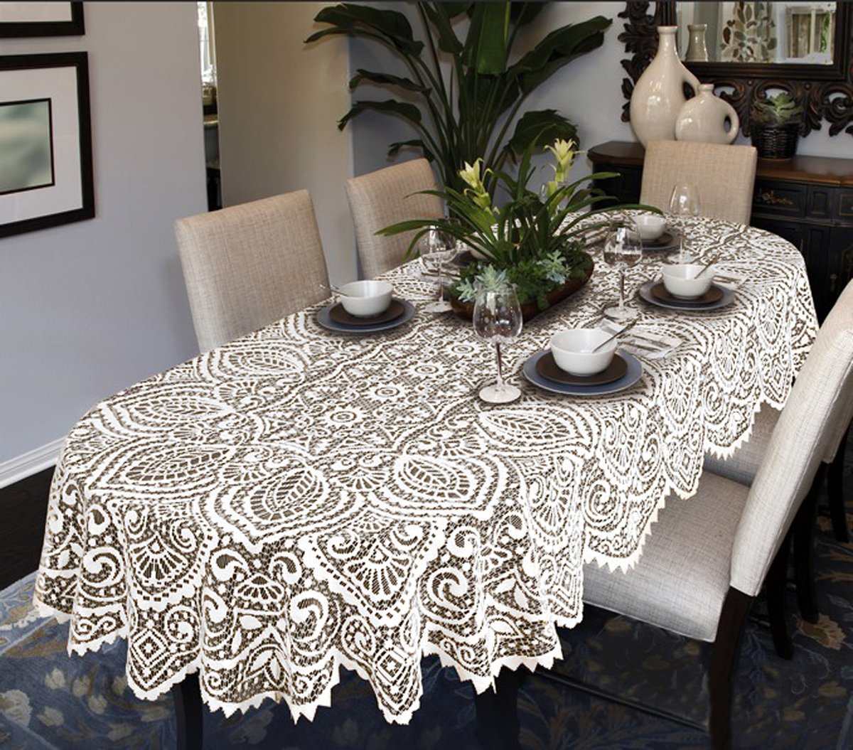 MforStyle Lace Large Tablecloth Traditional table cloth Oval OR Round White OR Beige Premium Quality (63" (160cm) Round, White)