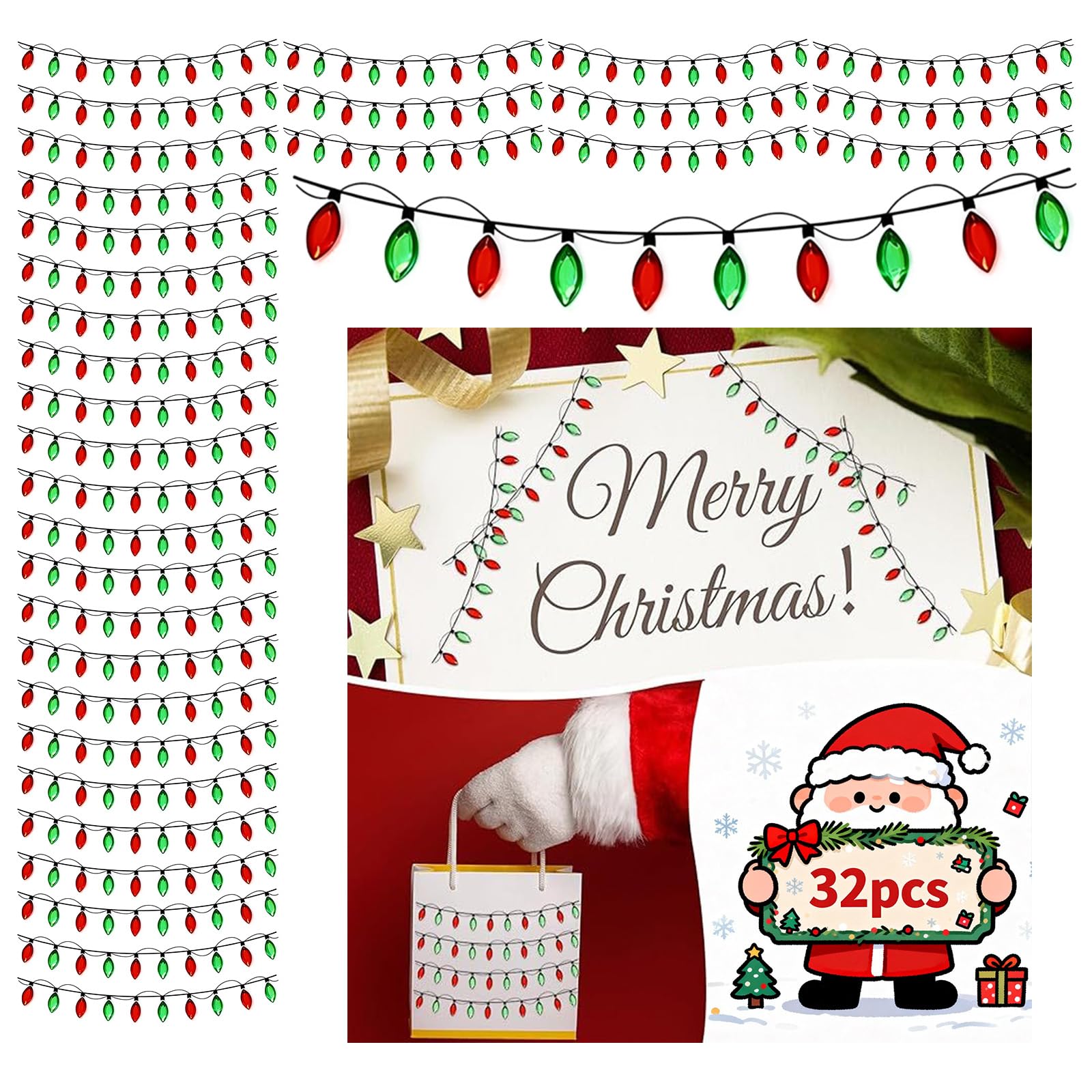 32pcs Christmas Lights Stickers for Crafts, 3D Christmas Light Embellishment Sticker, DIY Gem Border Dimensional Card Decoration, Glitter Glue Stickers for Festive Crafts, Scrapbooking and Decoration