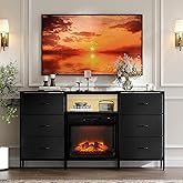 Bonnlo 58" Fireplace TV Stand with Fabric Drawers & LED Lights, Electric Fireplace Heater, Modern Entertainment Center with Open Shelves for Living Room & Bedroom, Black