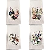 NOQL Butterfly Dragonfly Floral Kitchen Towels and Dishcloths Set of 4, Floral Hand Towels, Retro Dragonfly Butterfly Neutral Drying Cloth Hand Dish Tea Towel for Bathroom Kitchen, 16x24 Inches