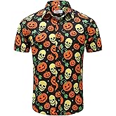 Men's Halloween Pumpkins Button Down Shirt Fun Skull Casual Short Sleeve Hawaiian Shirt