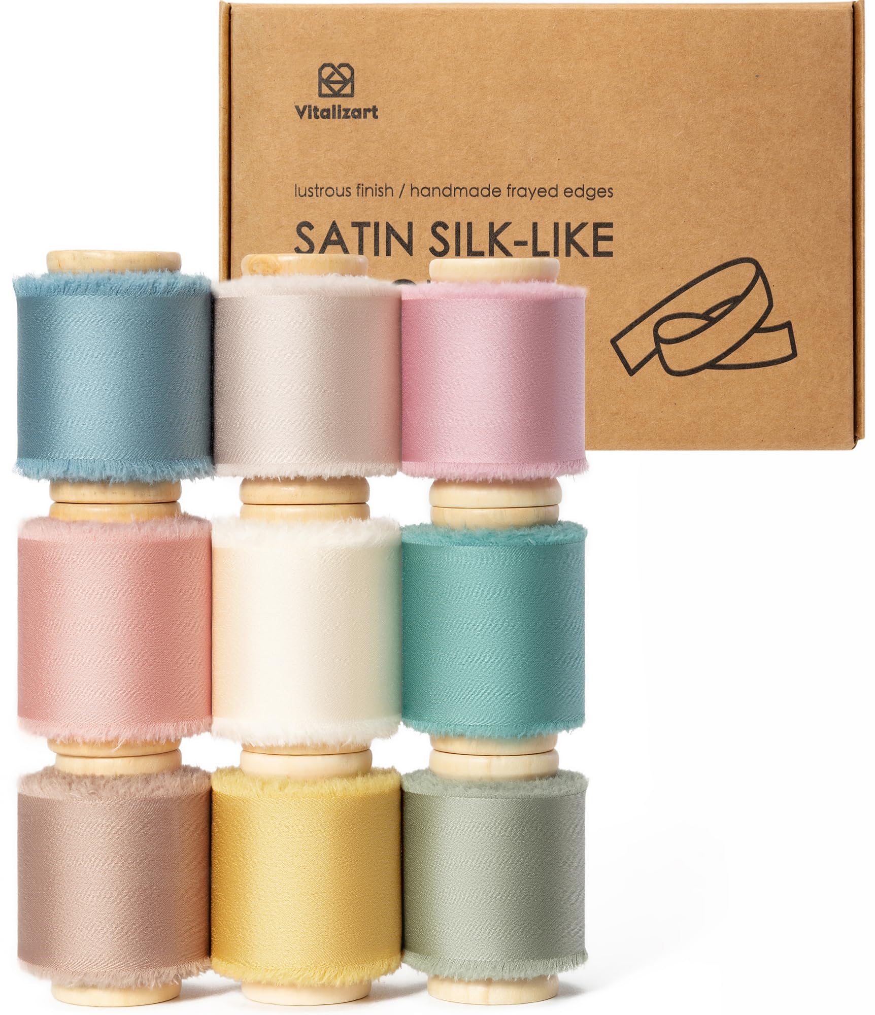 Vitalizart Assorted 9 Colours Silky Satin Ribbon, 1.5'' x 45 Yard with Wooden Spool (9 Rolls*5 Yd), Handmade Fringe Chiffon Ribbons for Gift Wrapping, Decoration, DIY Craft, Wedding Bridal Bouquet