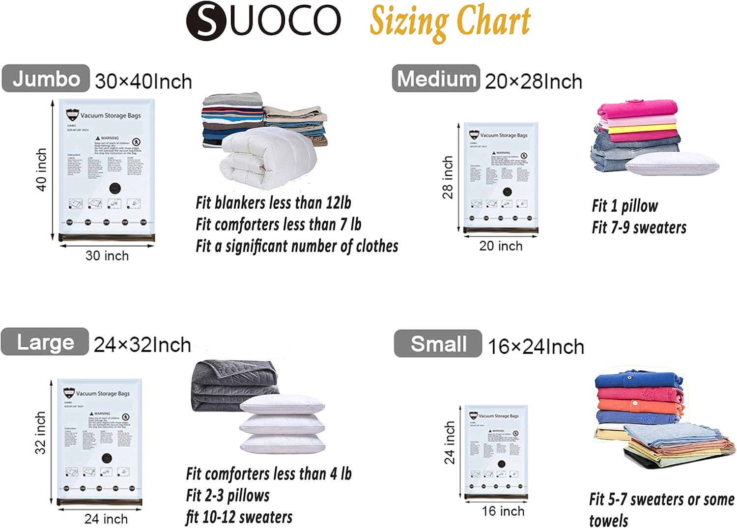 SUOCO Vacuum Storage Bags 8 Pack (Jumbo 30" x 40") Space Saver Compression Bags with Travel Hand Pump: Home & Kitchen