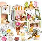 Giant bean Wooden Ice Cream Play Set, with Drop-Down Dispenser, Play Kitchen Accessories with Cones, Popsicles, Scoops, Play Money & Menu, Ice Cream Toy for Kids Ages 3+, Birthday