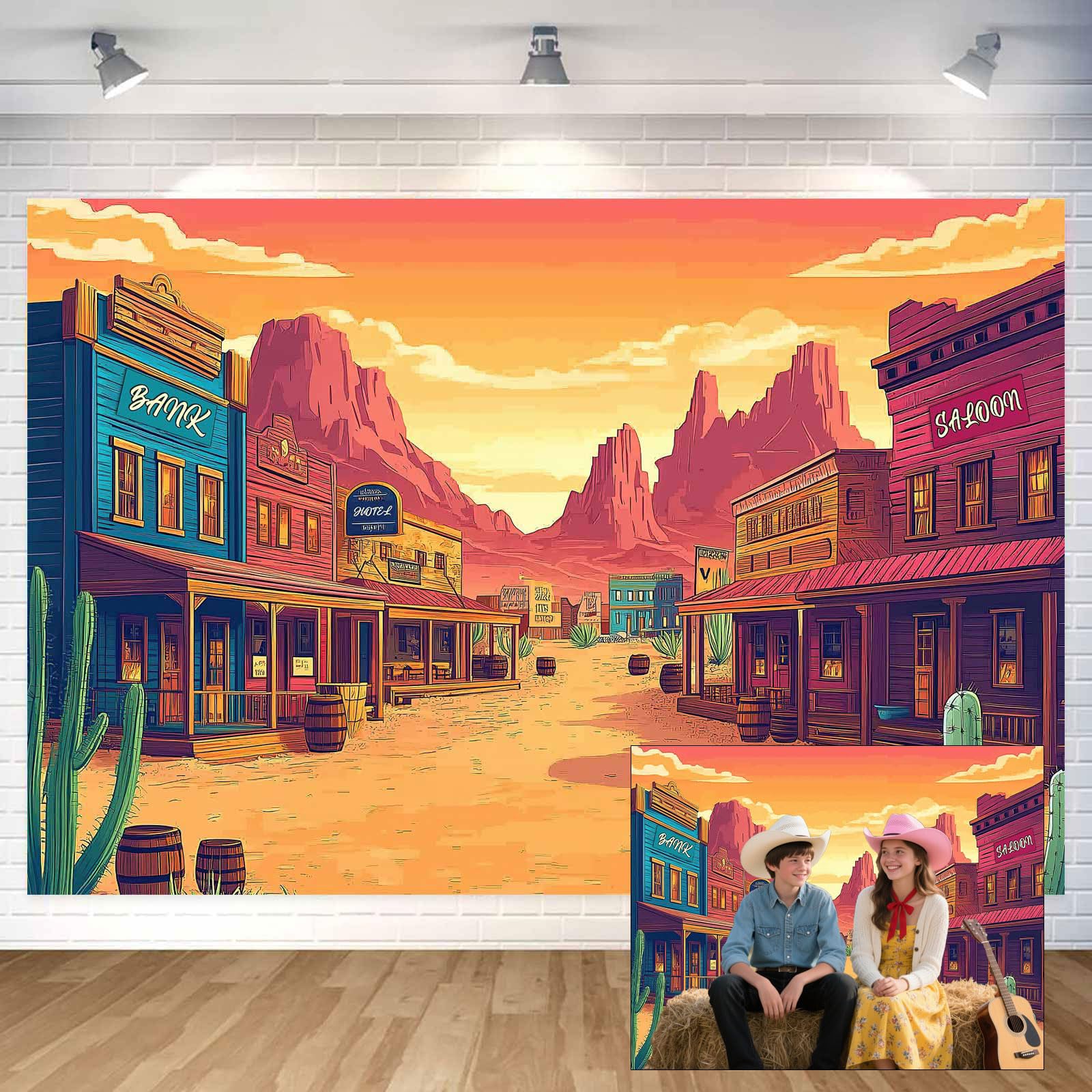 Photo 1 of 10x8ft Cartoon Western Backdrop Desert Cowboy Cactus Retro Building Mountain Wild West Photography Background Desert Sunset Cactus Summer Activities Party Decor Banner Photo Props