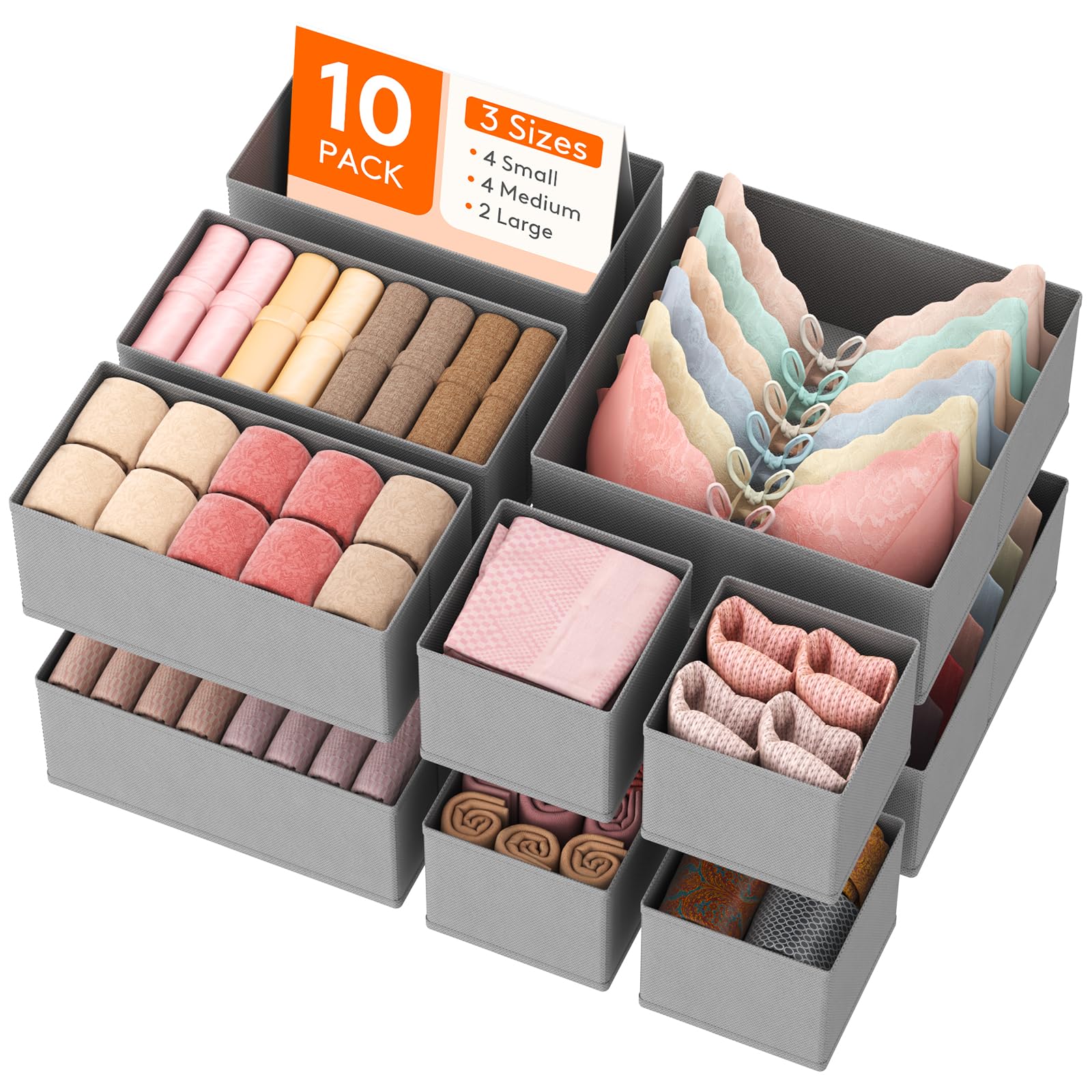 Lifewit 10 Pack Drawer Organiser,Collapisble Fabric Chest of Draw Dividers for Closet, Dresser, Nursery, Bedroom, Foldable Cube Boxes for Clothes, Pants, Underwear, Sock, Bras Organization, Light Grey