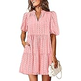 KIRUNDO Eyelet Summer Dresses for Women 2026 Mini Casual Hollow Out Short Sleeve Lace Tiered V Neck Shift Dress Pockets
