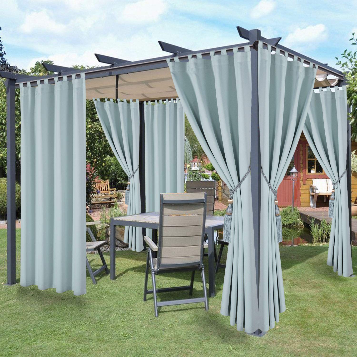 LORDTEX Waterproof Indoor/Outdoor Curtains for Patio - Thermal Insulated, Sun Blocking Detachable Sticky Tab Top Blackout Curtains for Bedroom, Porch, Pergola, Cabana, 52 x 95 inch, 2 Panels, Seafoam