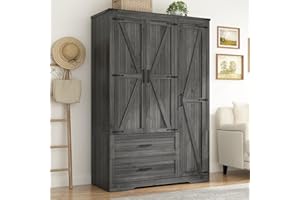 St.Mandyu Farmhouse Wardrobe Armoire Closet with 3 Doors and 2 Drawers, 70.1" Wooden Clothing Storage Cabinet, Freestanding Large Capacity Storage Wardrobe Armoire with Hanging Rod for Bedroom, Grey