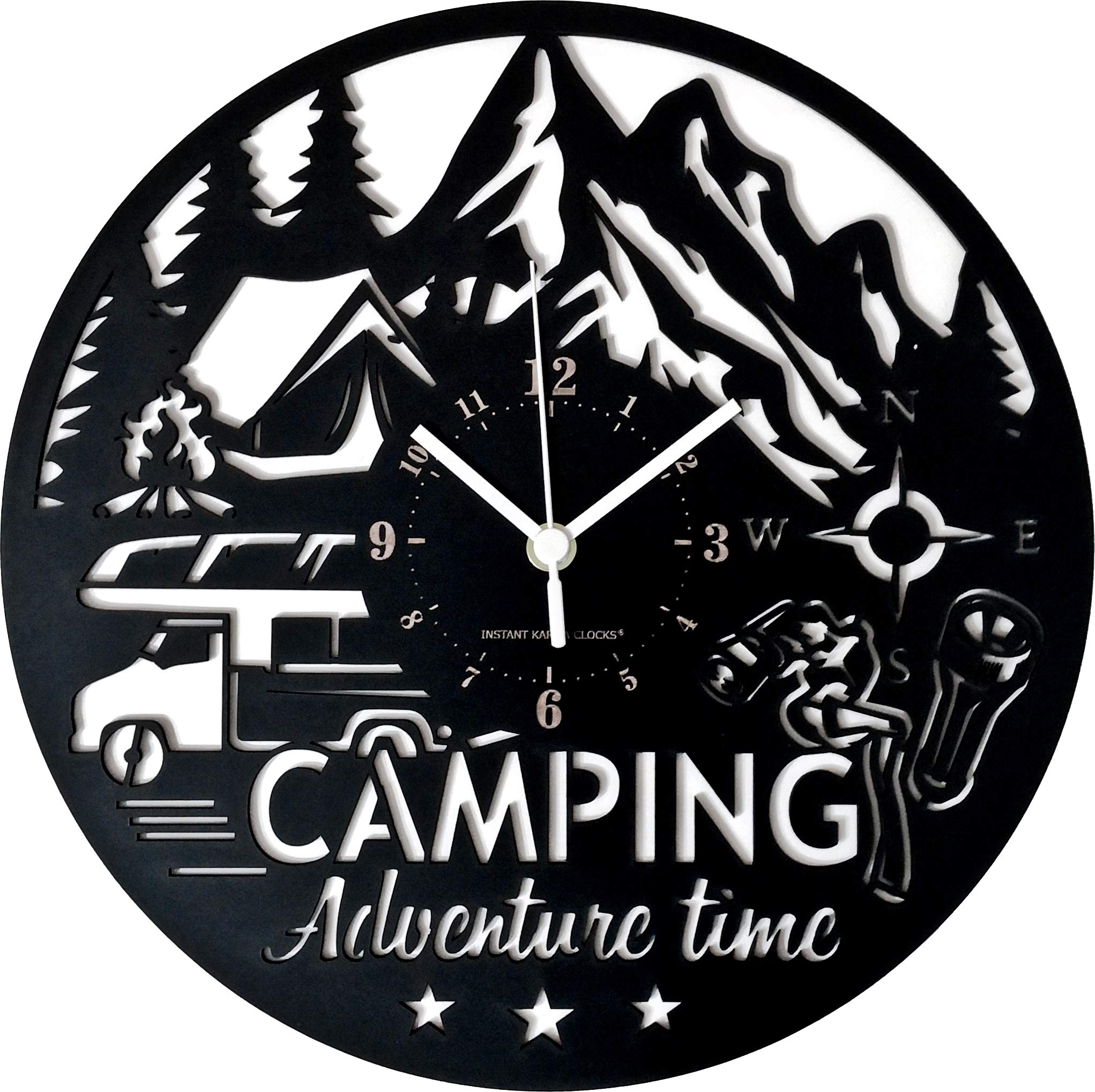 Instant Karma Clocks | Camping Wall Clock with RV and Mountains | Silent No-Ticking | Perfect for Bedroom, Office, Studio, Cabin, Living Room | Unique Decoration