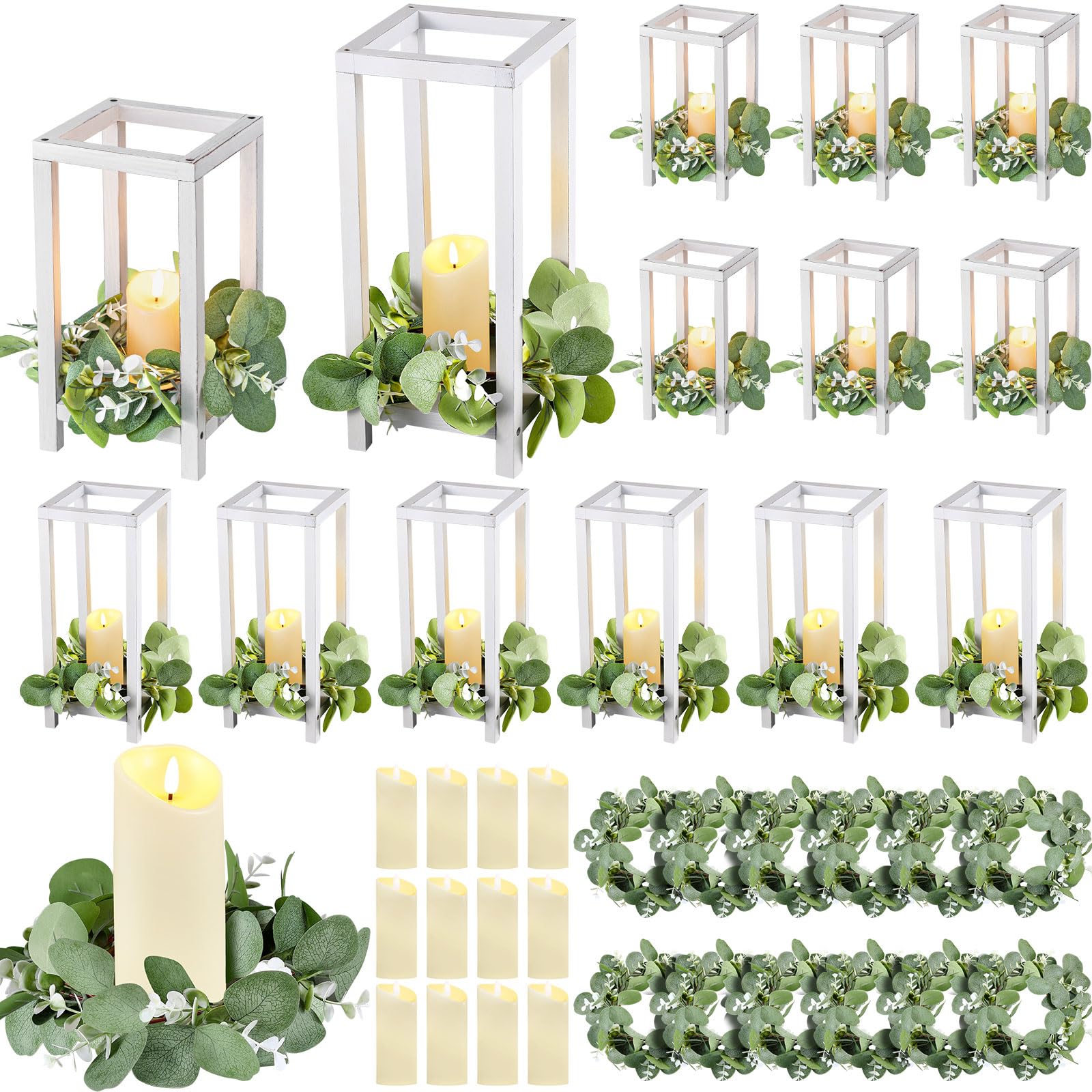 Photo 1 of Geelin 12 Set 10.59'', 13'' White Wooden Lanterns for Wedding Centerpieces Include 12 Wooden Lantern 12 LED Candle 12 Eucalyptus Leaves Wreath for Wedding Baby Shower Farmhouse Table Decor