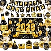 New Years Eve Party Supplies 2026-46 PCS Happy New Years Decorations-Party Favors Includes Banner, Backdrop, Balloons, Centerpieces, Hanging Swirls Nye Decorations 2026