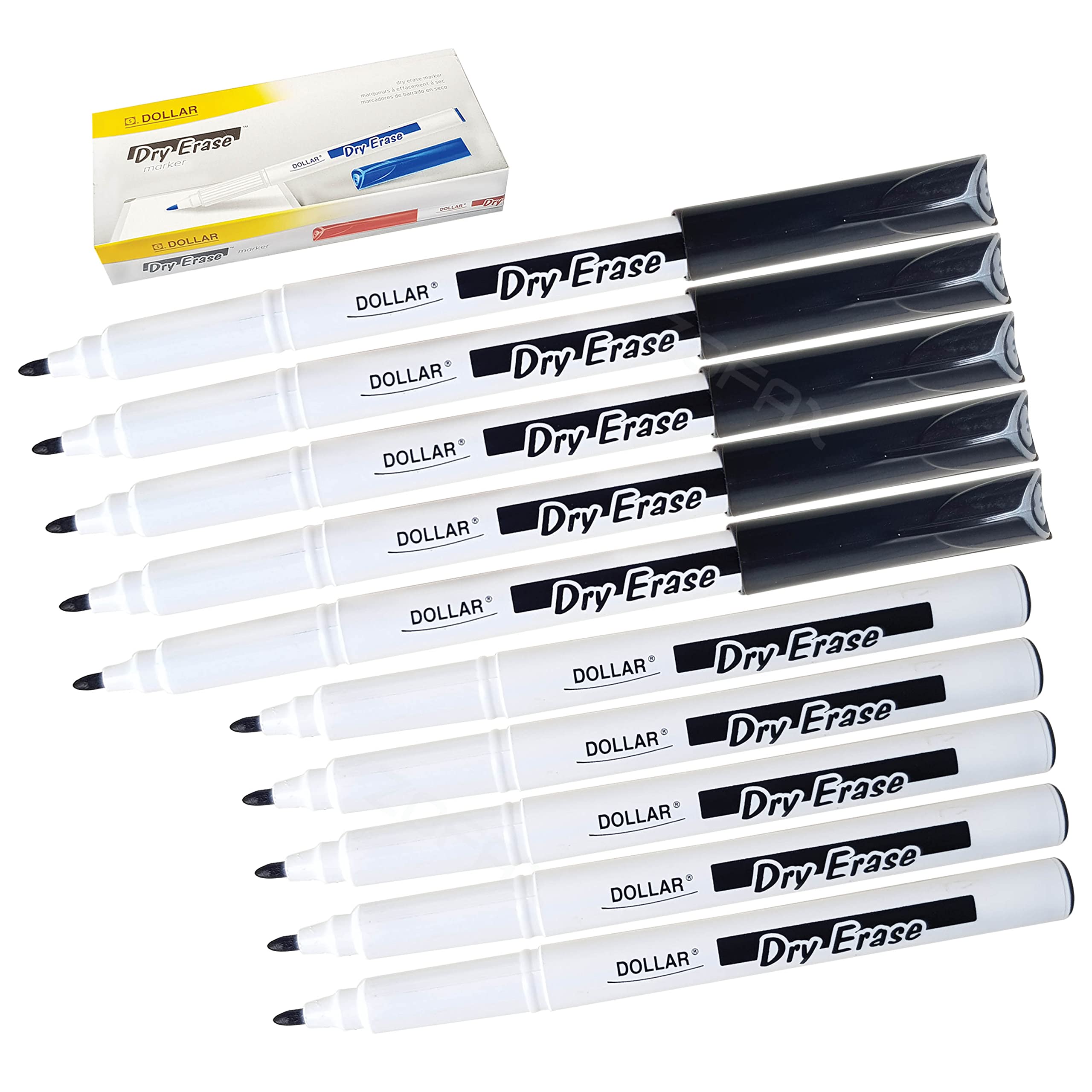 DOLLAR WBS-1.0 Dry Erase Whiteboard Marker Pens, BLACK, Medium Point (1.0 mm), Pack of 10, Bullet Tip, Perfect for Office School Home Everyday Use
