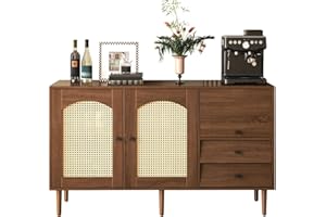 DKYNDSYN Mid-Century Modern Sideboard Buffet Cabinet with 2 Rattan Doors and 2 Slanted Drawers, Walnut Brown Storage Console 