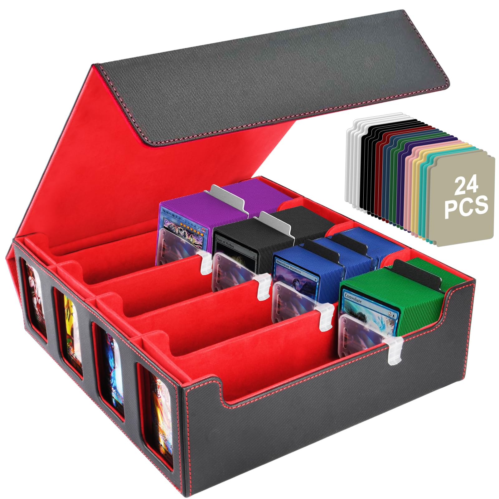 Aolso Trading Card Storage Box,Quartuple Card Deck Case With 24 Dividers&4 Supporters,Holds 2400+ Cards for MTG, TCG, Commander,PU Leather, Red