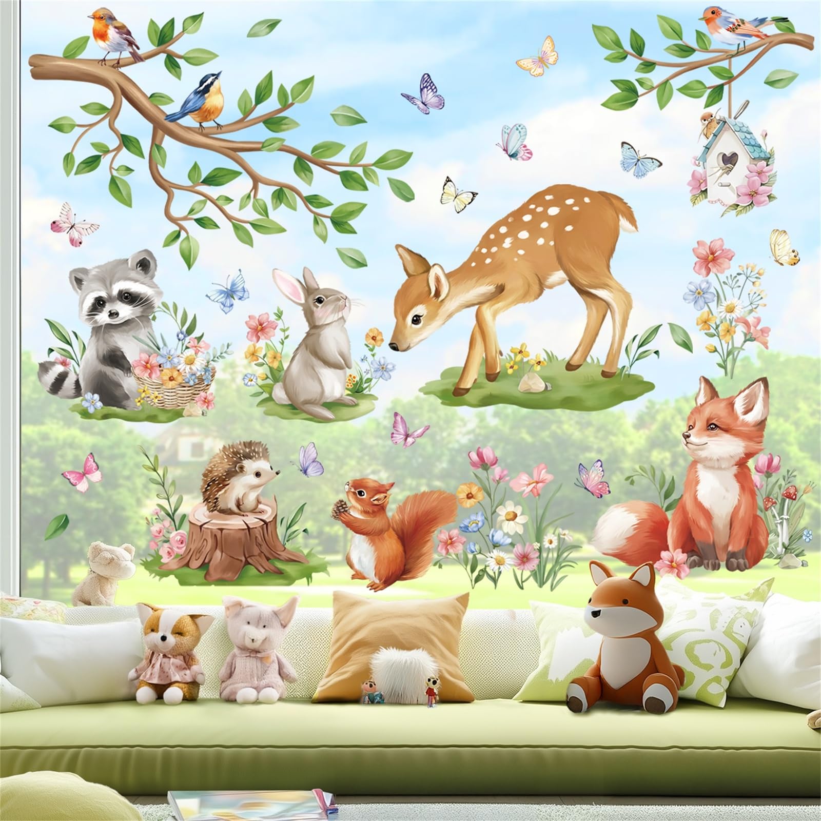 wondever Spring Forest Animal Window Clings Birds Tree Branch Deer Fox Glass Sticker Decal Anti Collision Double-Side Static Window Stickers for Kids Bedroom Windows Home Glass